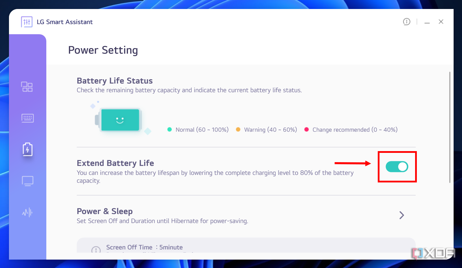 Screenshot of the LG Smart Assistant power settings page with the extend battery life option turned on and highlighted