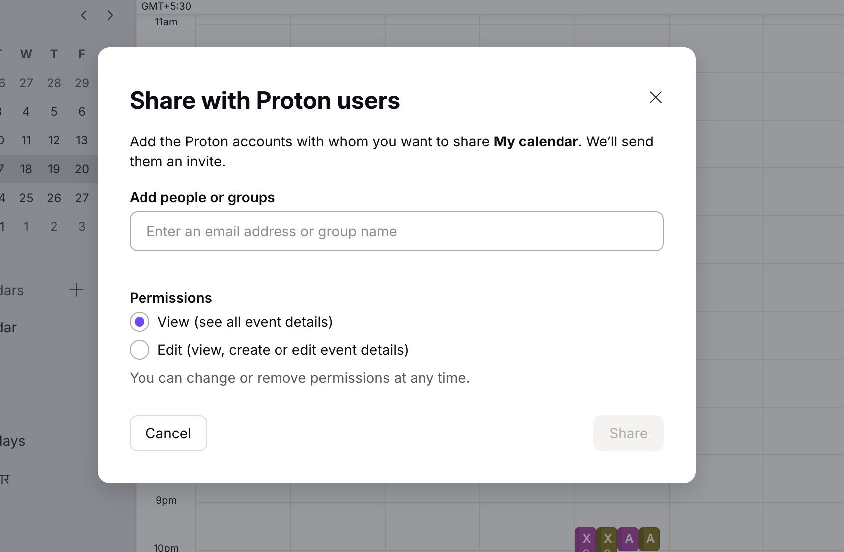 Sharing permission for Proton Calendar