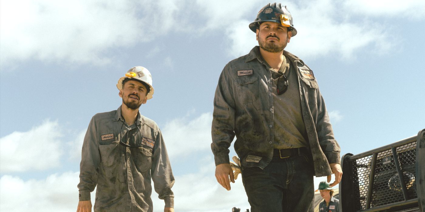 Antonio (Octavio Rodriguez) and Manuel (JR Villarreal) in work uniforms and hard hats on Landman