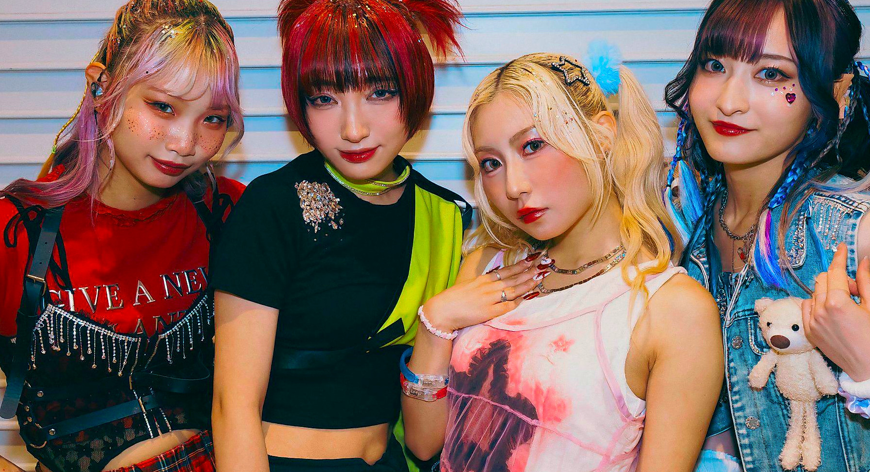 (Left to right): Bassist Hettsu, Guitarist/Singer Matsuri, Lead Singer Yukina, and Drummer Chika from the band Hanabie.
