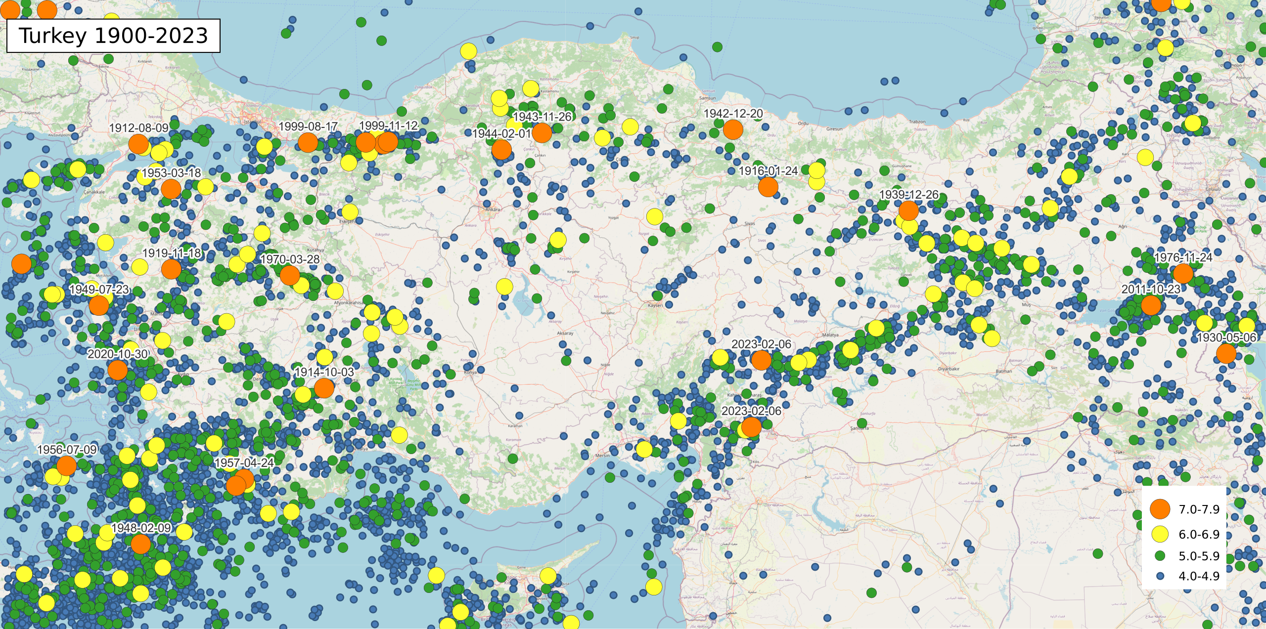 Earthquake map for Turkey 1900 to 2023