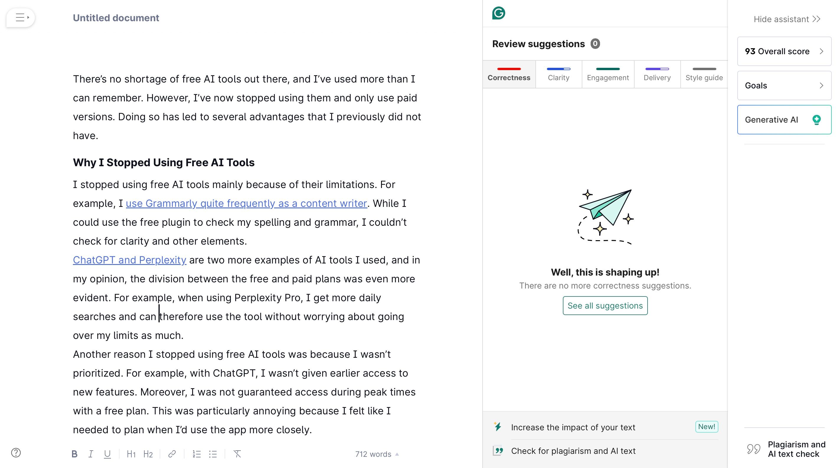 The interface of the Grammarly Pro app