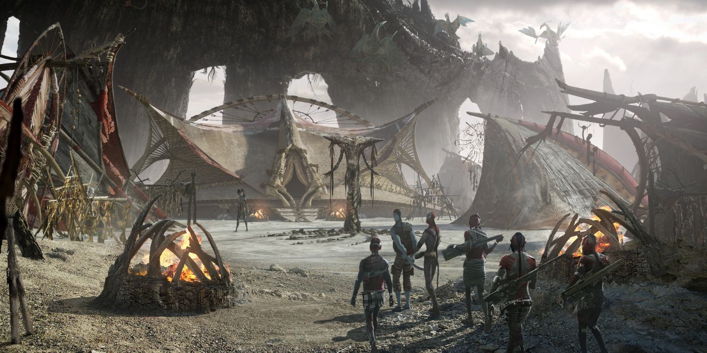 Concept art of the village of the Ash Na'vi in Avatar: Fire and Ash.