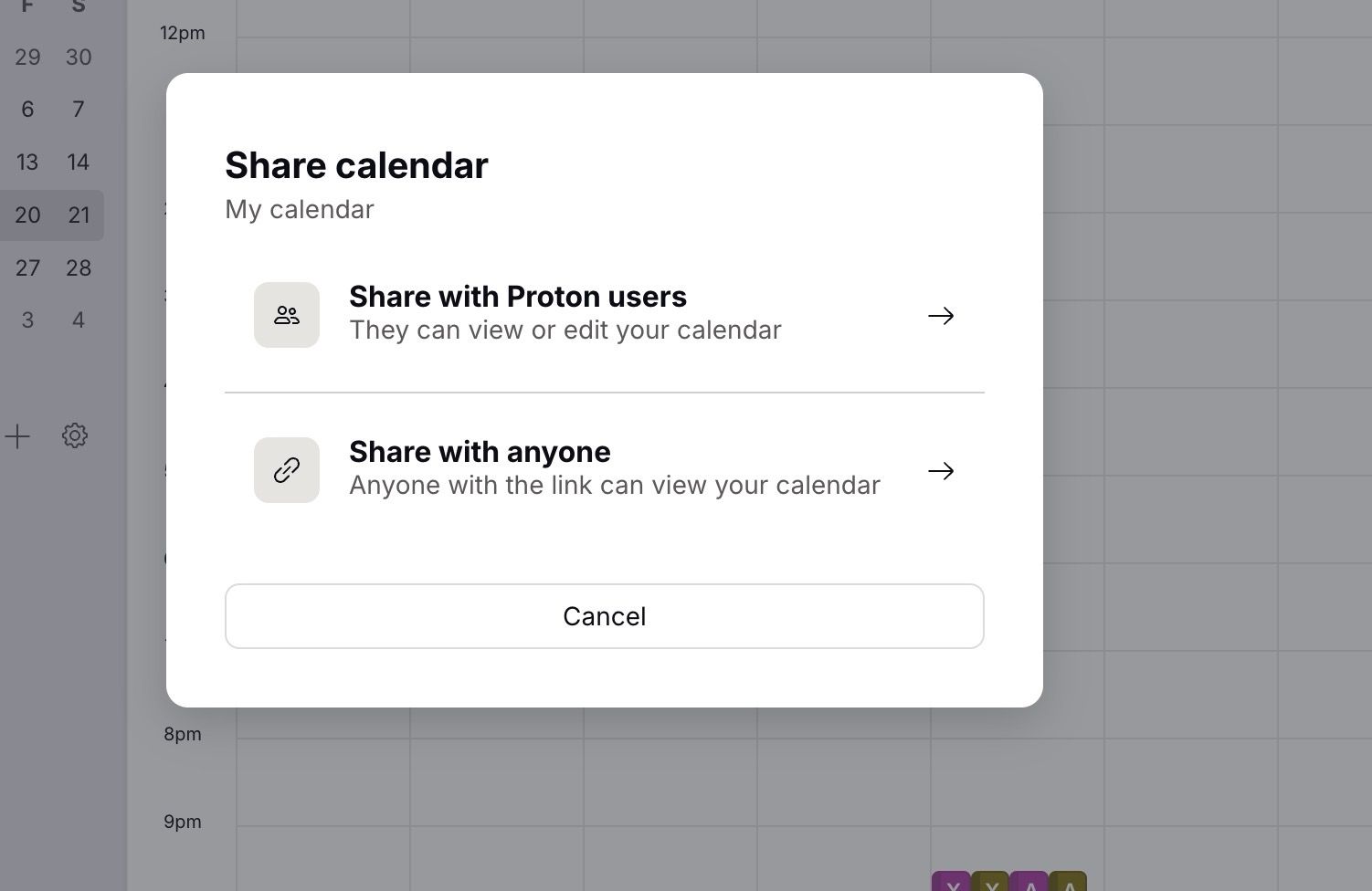 Sharing options for Proton Calendar