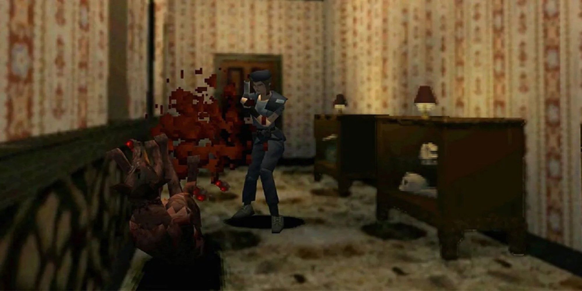 Jill Valentine shooting an enemy (Resident Evil)