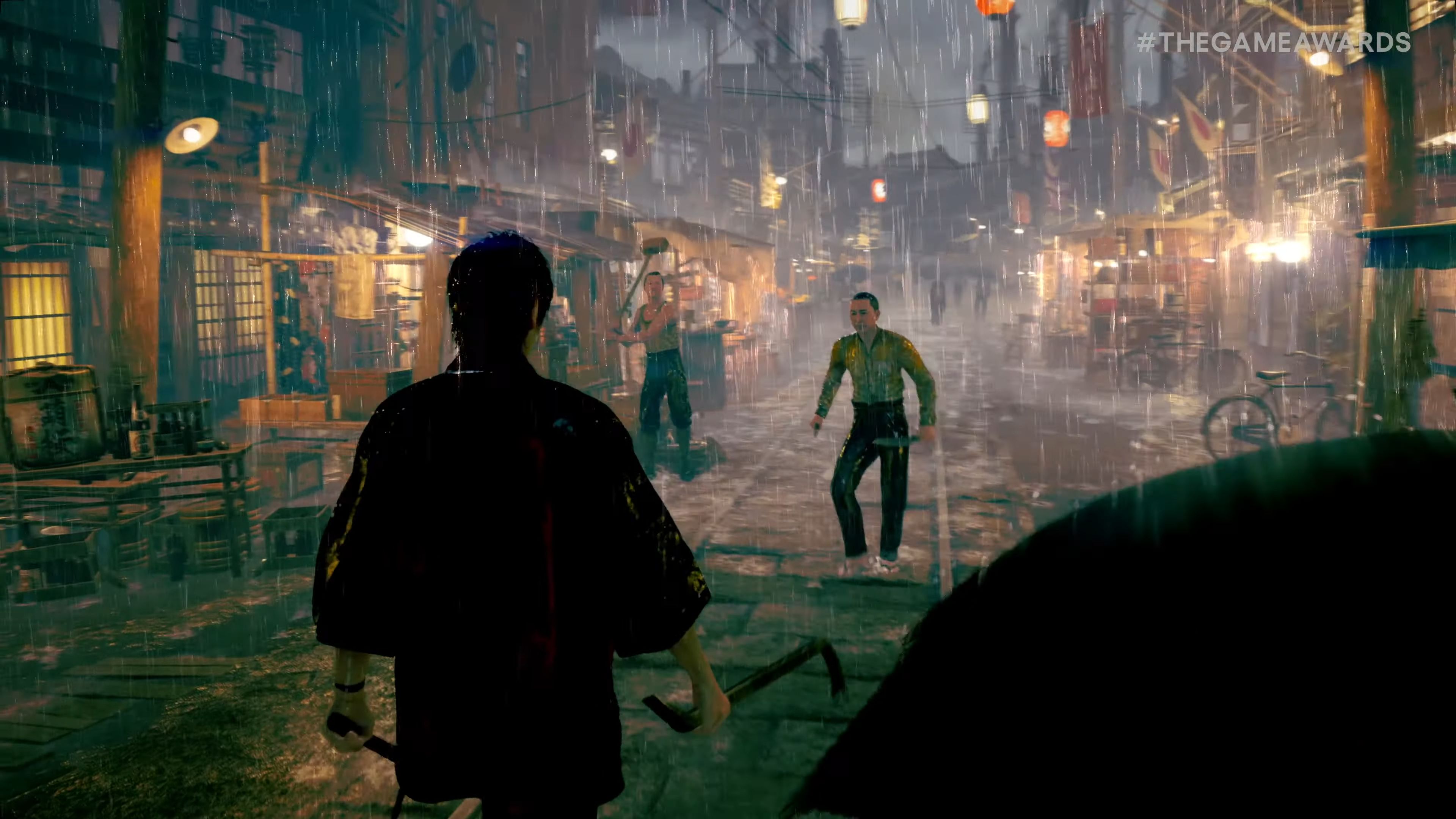 The player approaches a duo of enemies in the pouring rain in Project Century. 