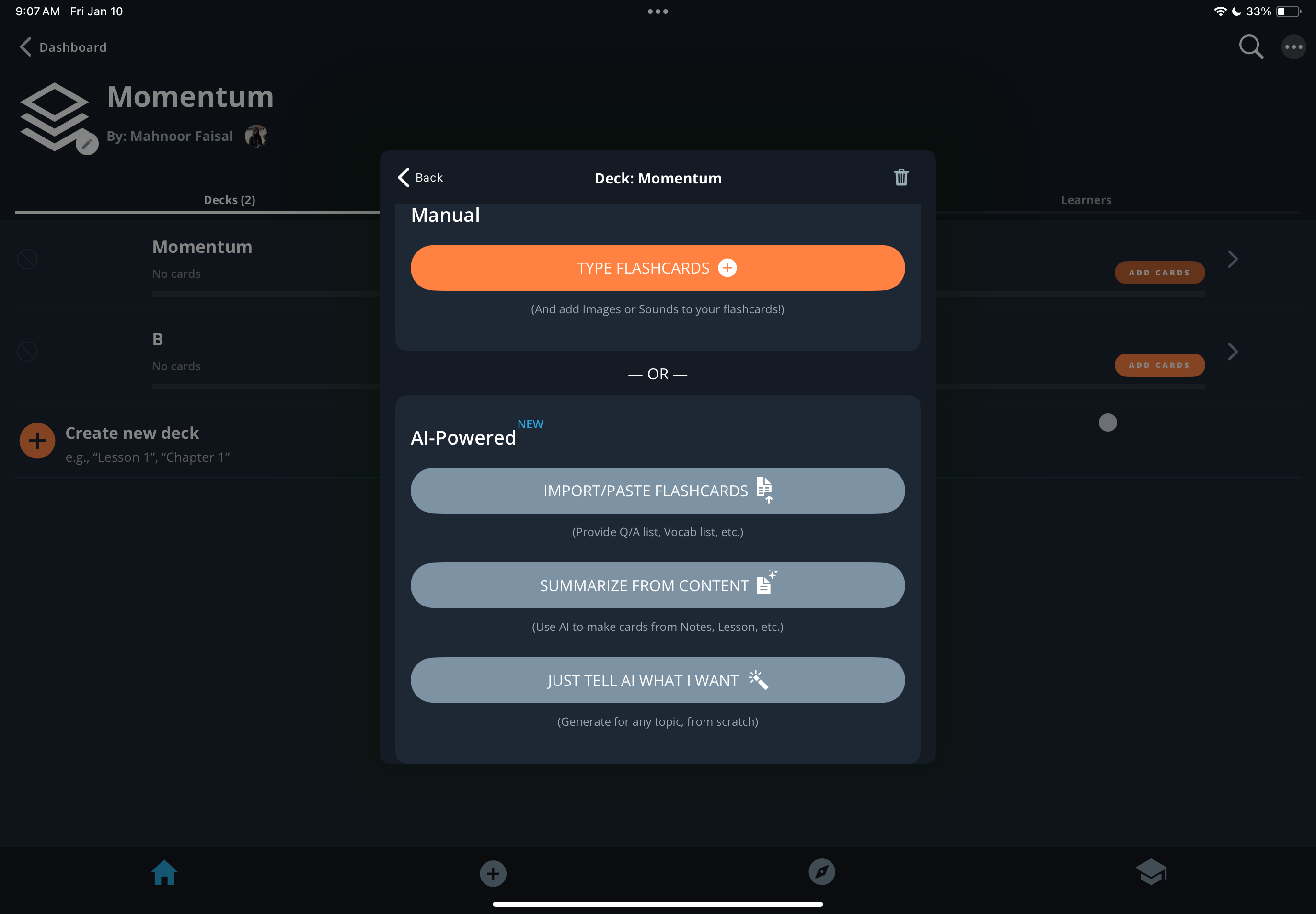 Brainscape's AI Flashcard generation options