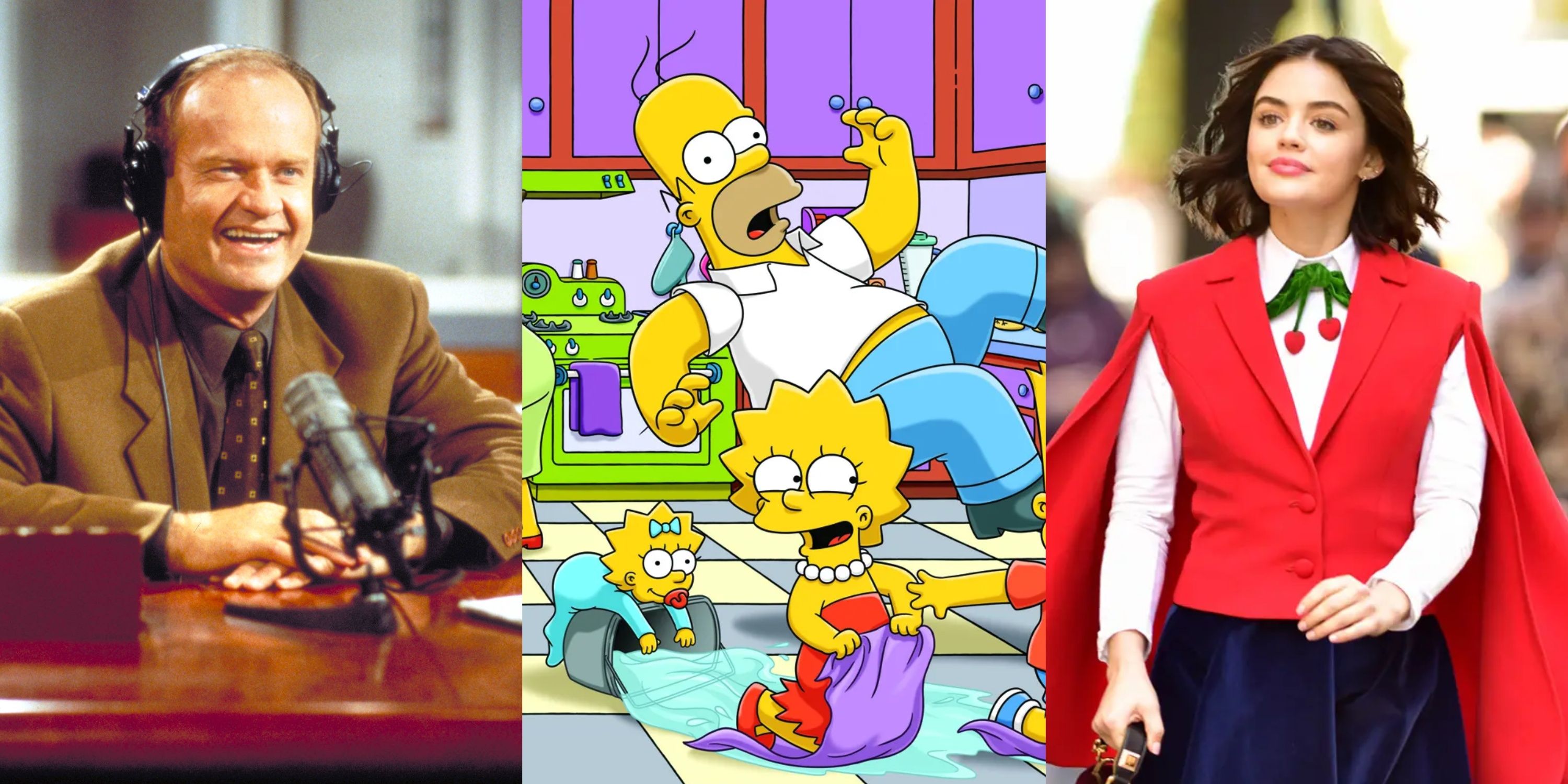 Split image of Frasier in Frasier, Bart slipping on water around Maggie and Lisa in The Simpsons, and Katy in Katy Keene