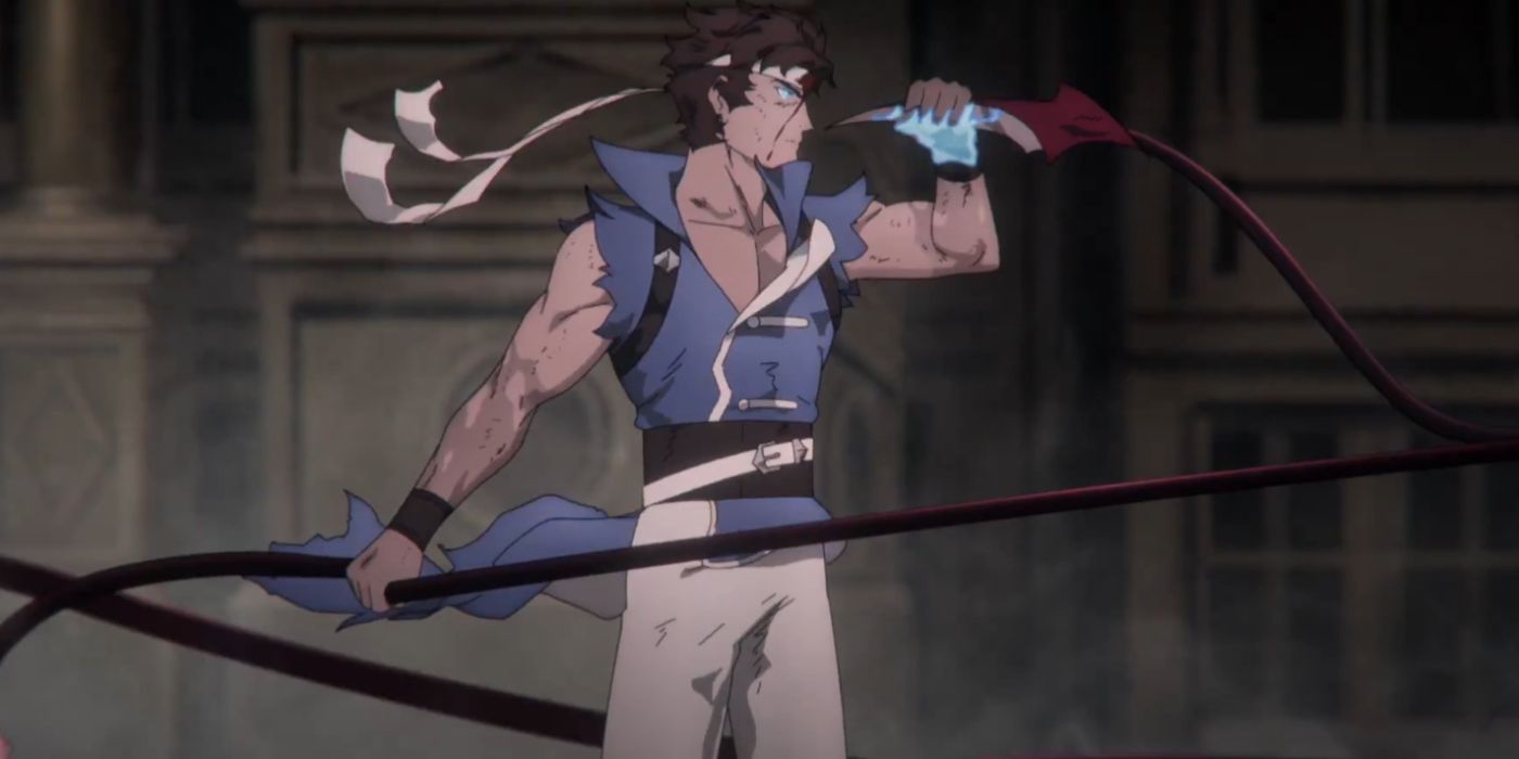 Castlevania Nocturne Richter Belmont holding a stinger in one hand and his whip in the other while his eyes glow blue.