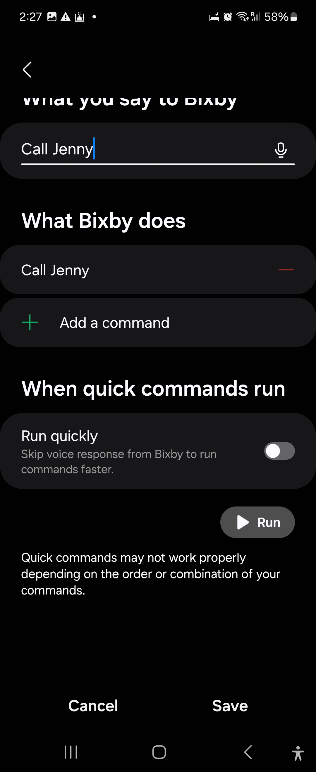 Creating a new quick command in Bixby on Galaxy Flip 6