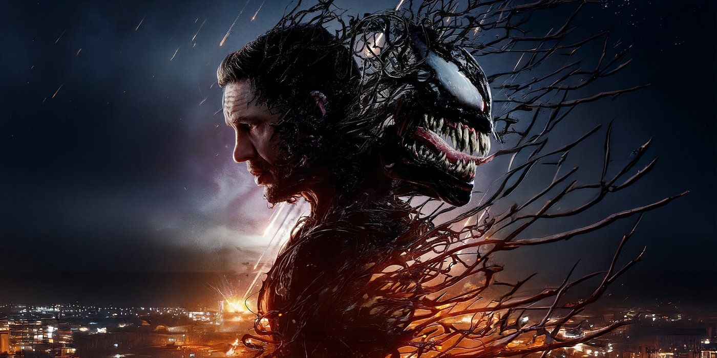 Tom Hardy as Eddie Brock back-to-back with Venom in Venom: The Last Dance key art