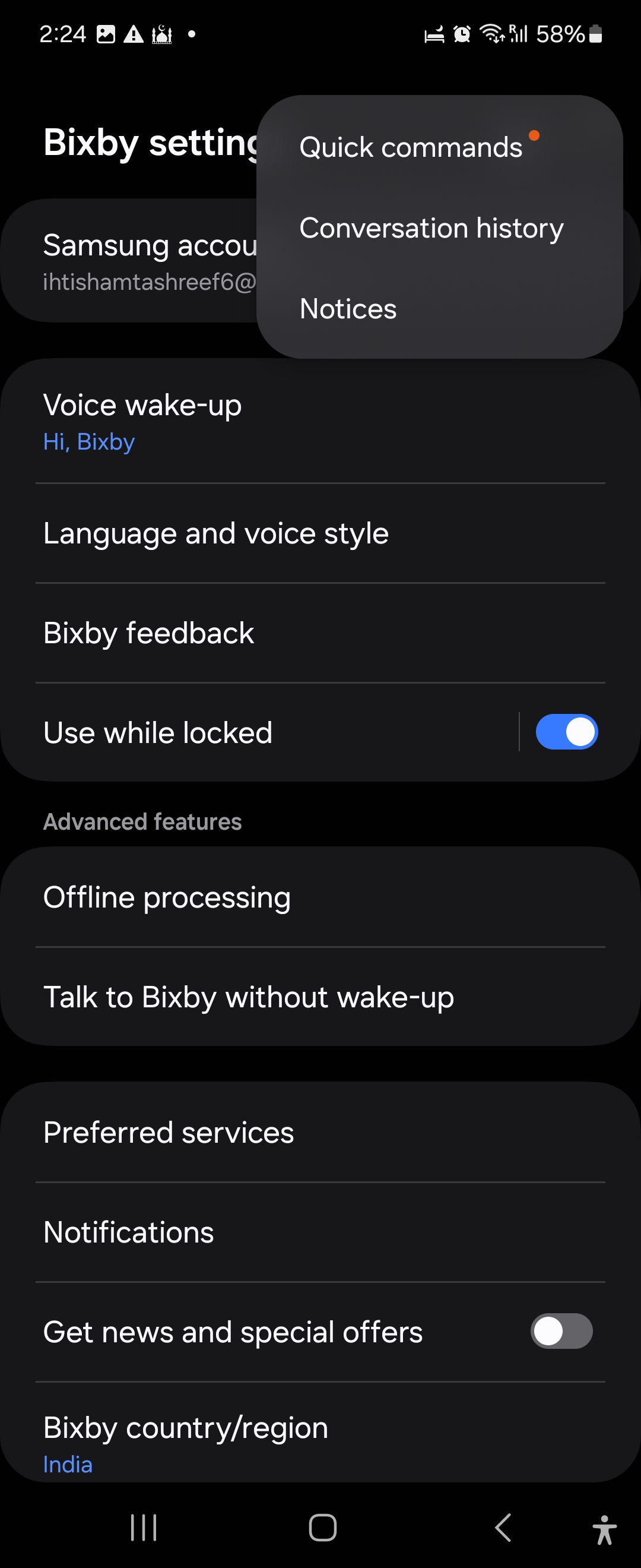 Bixby quick commands option in Bixby settings on Galaxy Flip 6