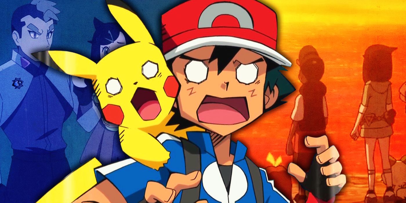 Ash and Pikachu with Liko, Roy and the Explorers in the background