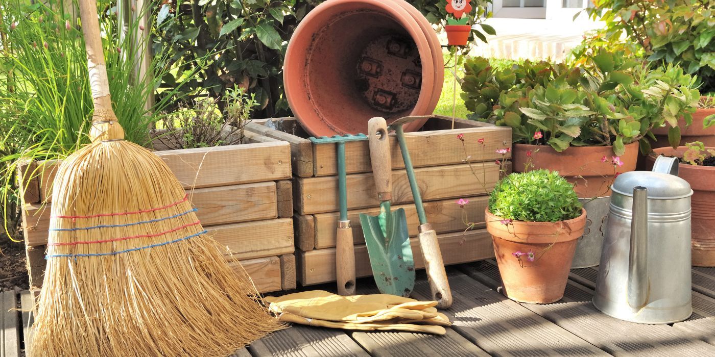 A photo of gardening supplies and plants