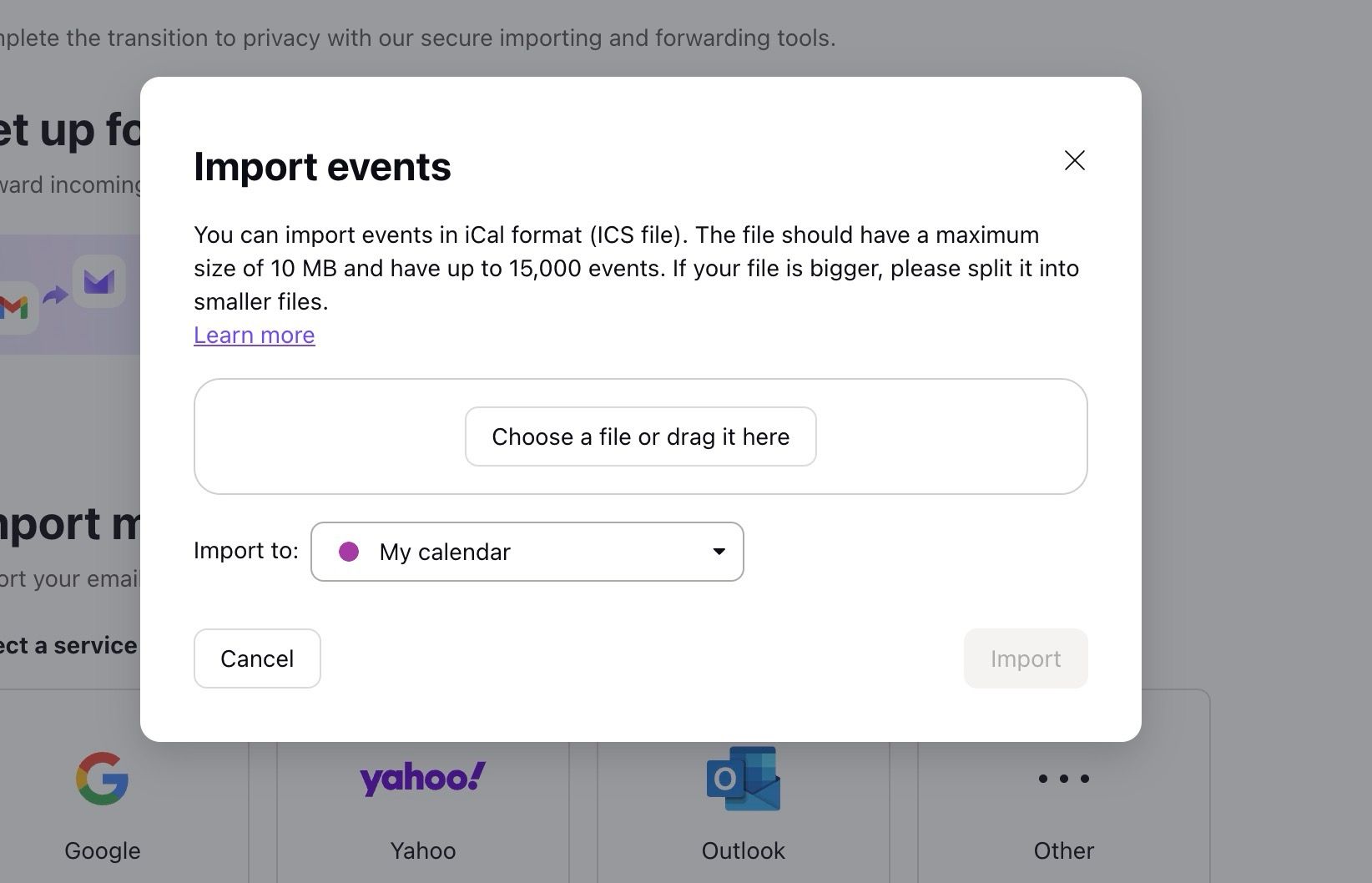 Drag and drop file in Proton Calendar