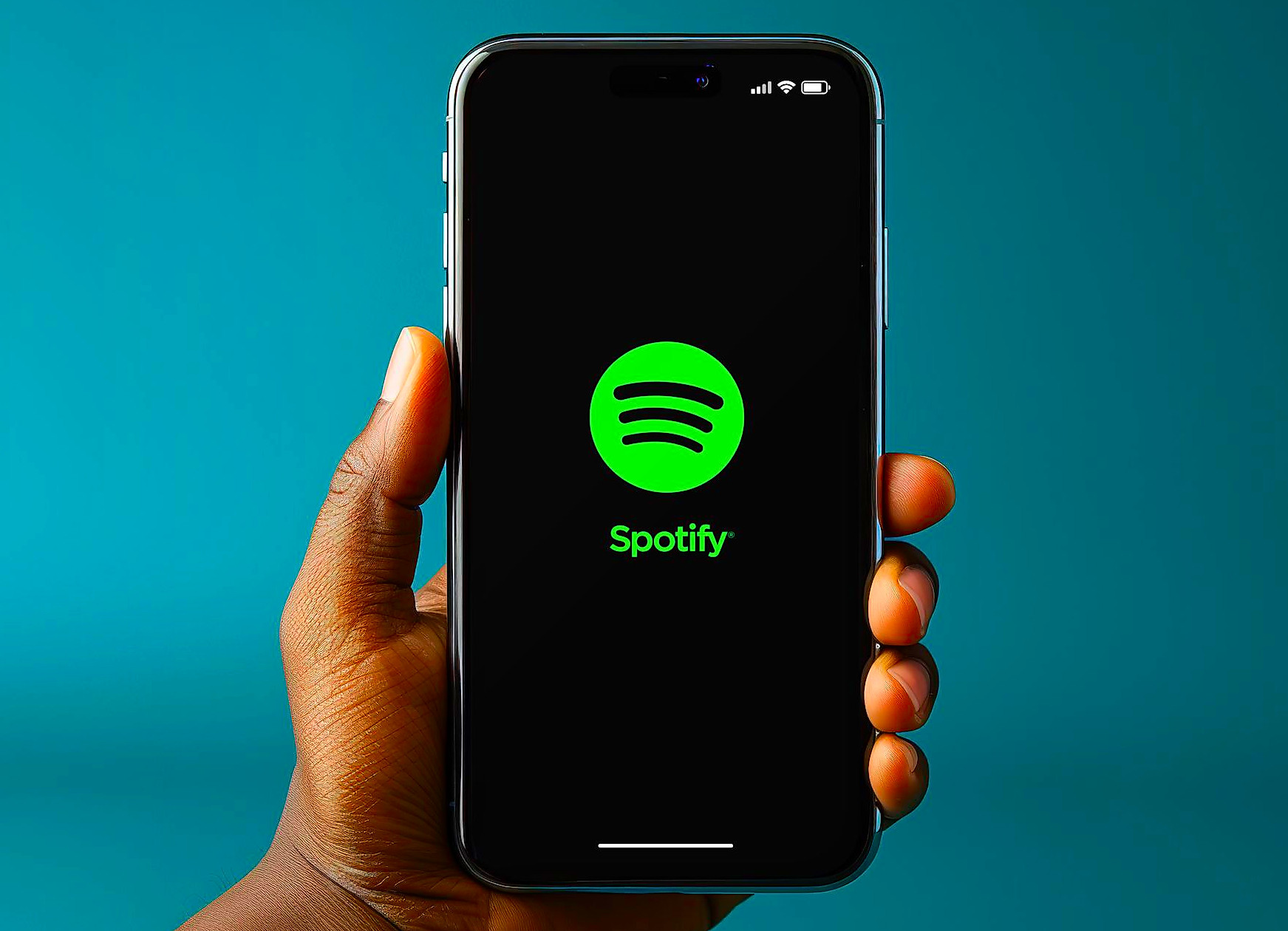 man holding smartphone with spotify logo on screen
