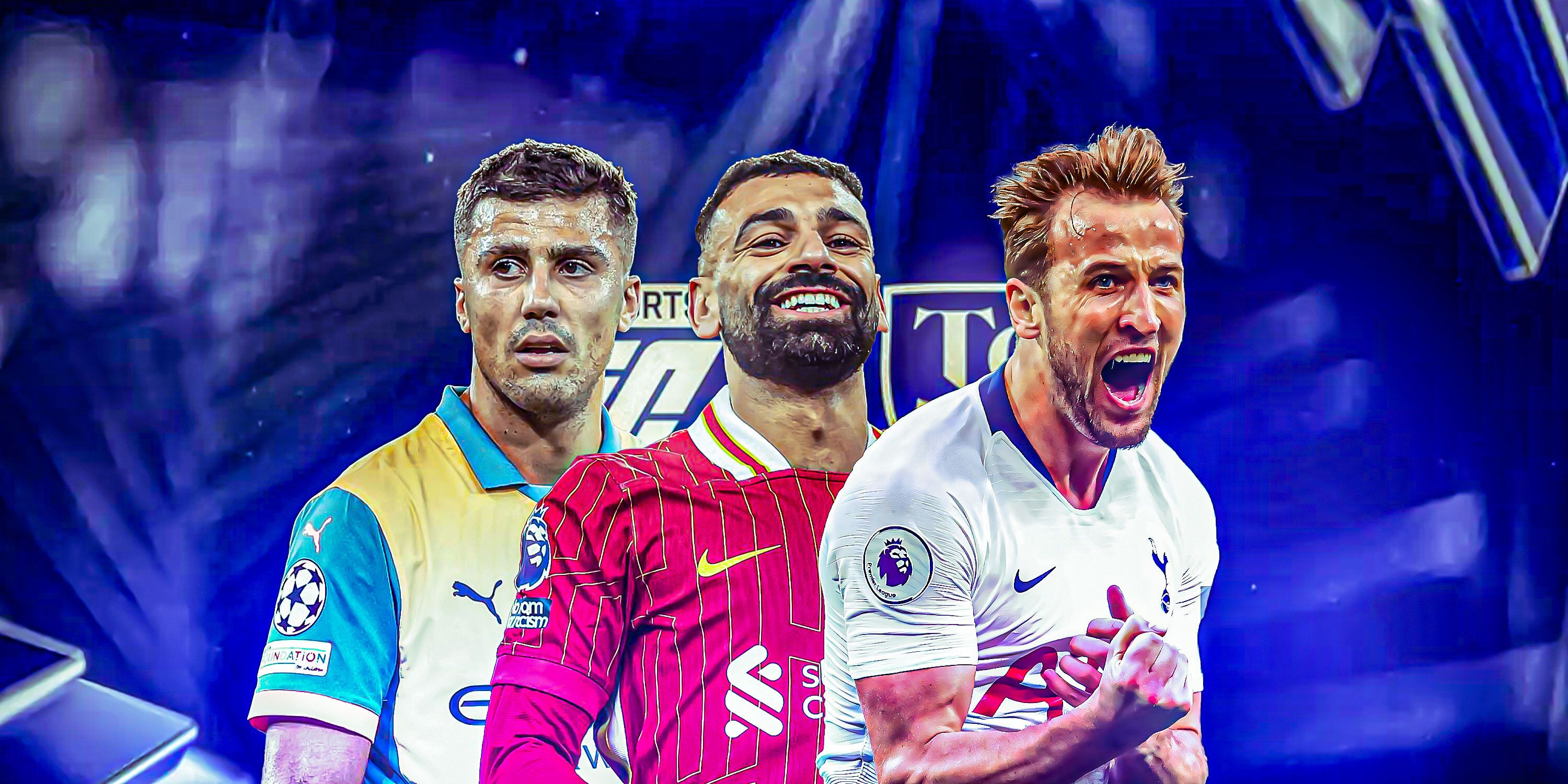 an image of Mohamed Salah (Liverpool), Rodri (Man City) and Harry Kane (Tottenham, early 2018) with the EA Sports TOTY logo behind them in a dark blue background