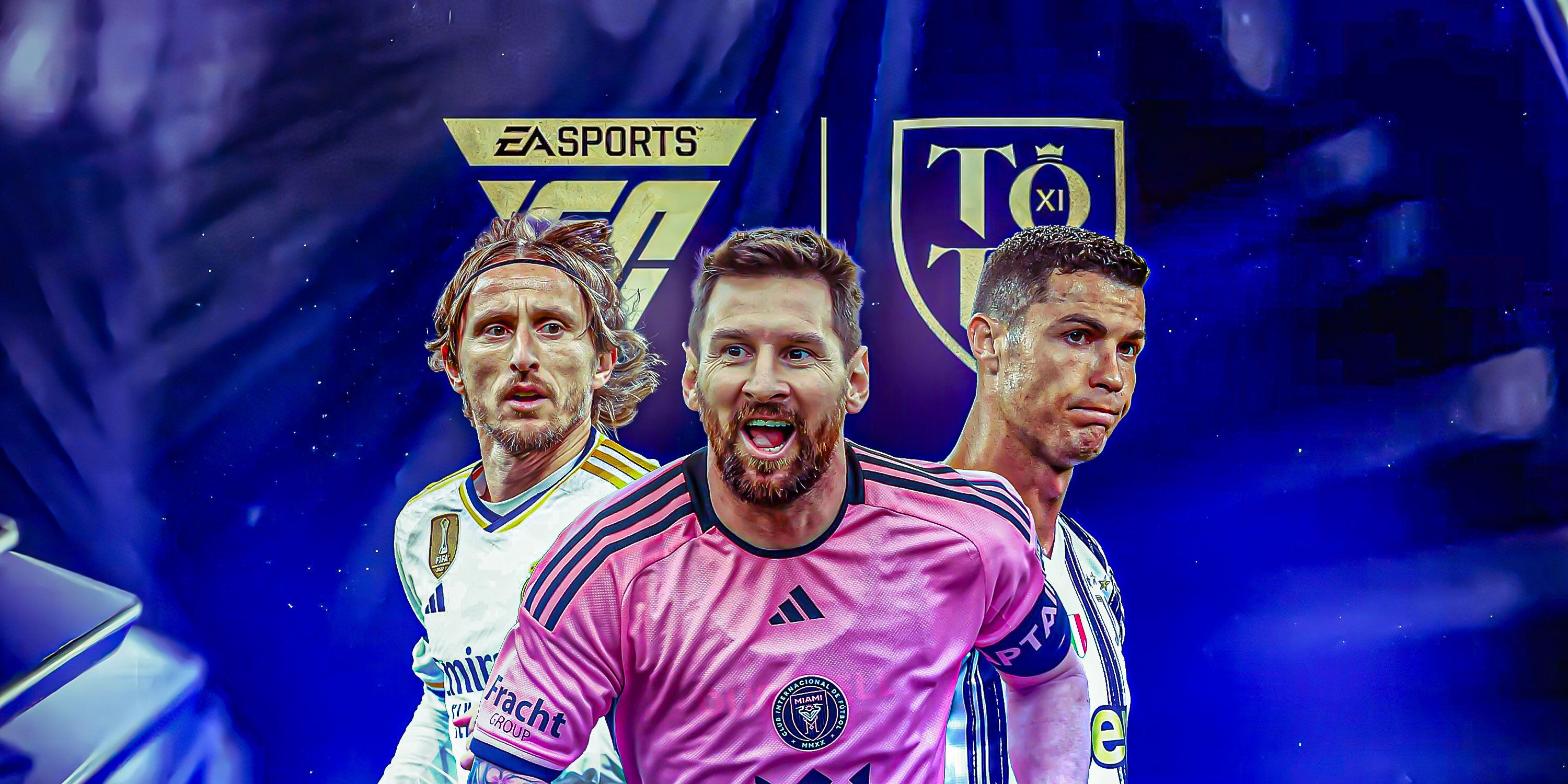 an image of Luka Modric (2023, Real Madrid), Cristiano Ronaldo (2021, Juventus) and Lionel Messi (Inter Miami, 2024) with the EA Sports TOTY logo behind them in a dark blue background