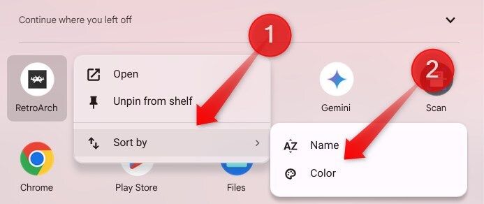 Sorting apps by color in the Launcher on ChromeOS.