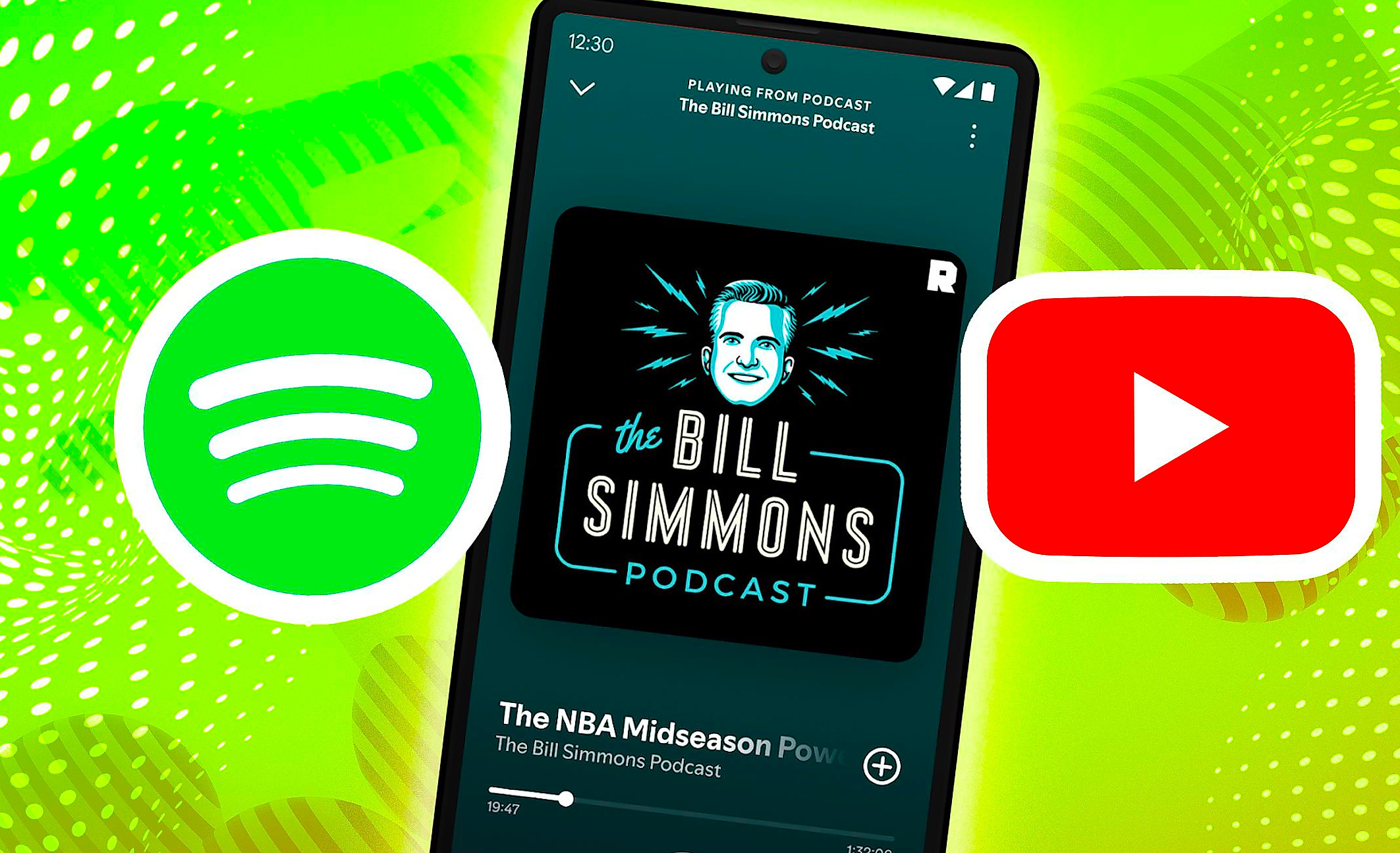 The Spotify and YouTube icons on either side of an Android phone. 